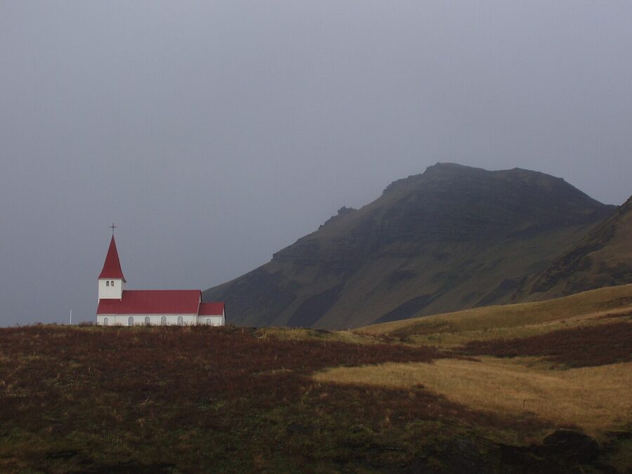 Vik church on hilltop south Iceland