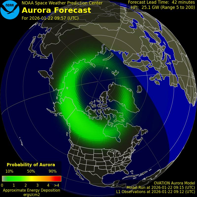NOAA OVATION 30-minute aurora forecast map showing the auroral oval over the northern hemisphere