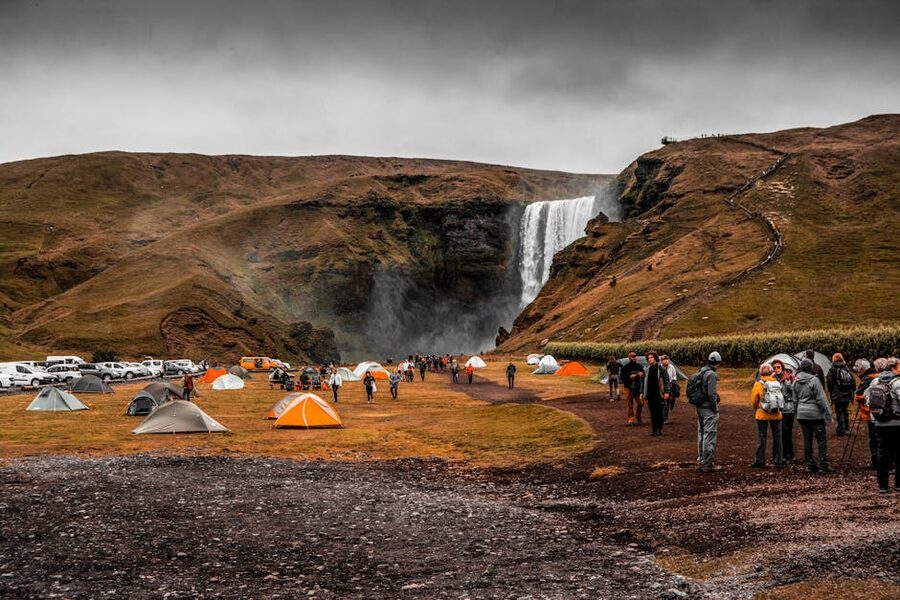 Tents pitched at the Skogafoss campsite in south Iceland