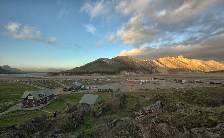 Campsite with mountains at sunset in Iceland highlands