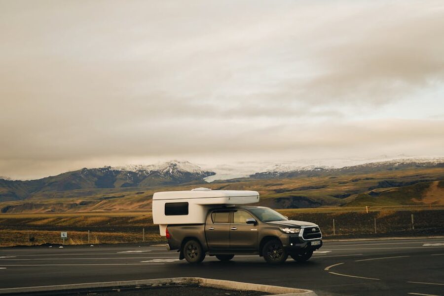 Campervan on a mountain highway in Iceland