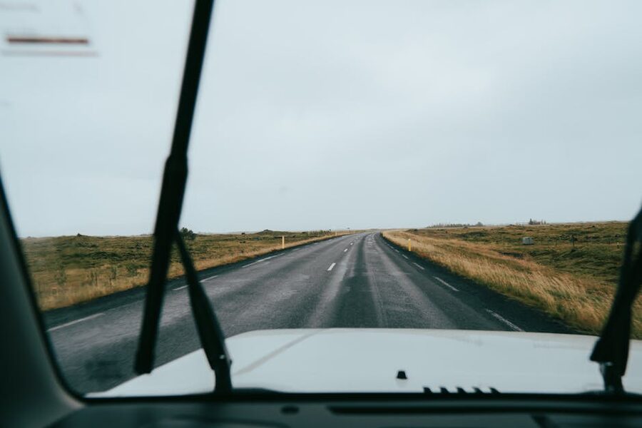 View through a campervan windscreen on an Iceland road