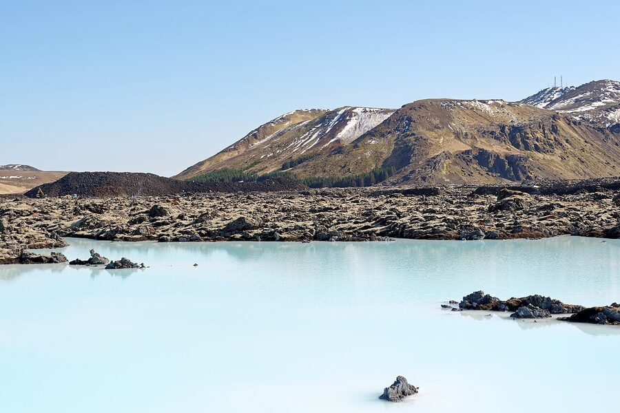 Blue Lagoon spa with Thorbjorn mountain Iceland