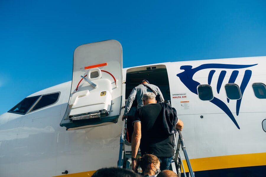 Passengers boarding a budget airline aircraft on the tarmac