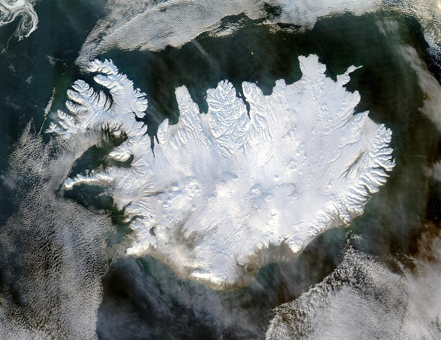 Iceland glacier and polar cap viewed from above by aerial satellite