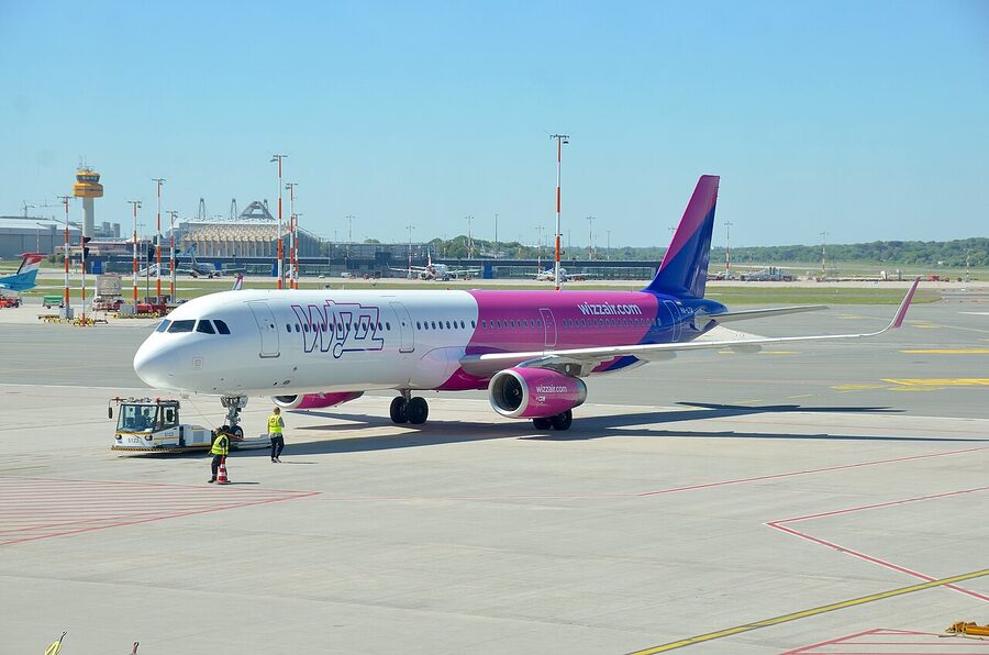 Wizz Air Airbus A321 in the airline's pink and purple livery