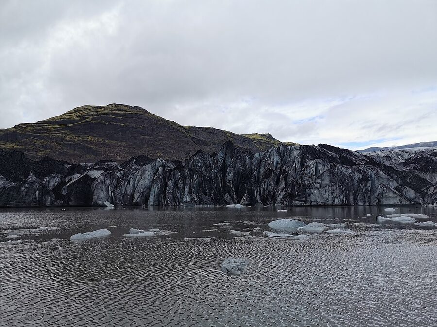 Sólheimajökull glacier tongue face from the parking lot in southern Iceland