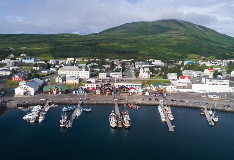 Aerial view of Husavik harbour in north Iceland in summer