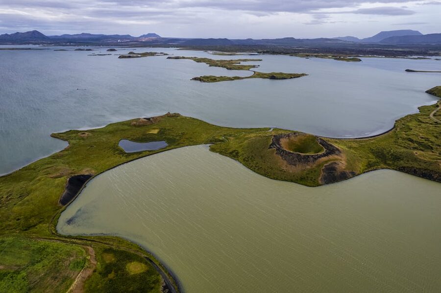 Aerial view of Lake Myvatn and the surrounding volcanic landscape