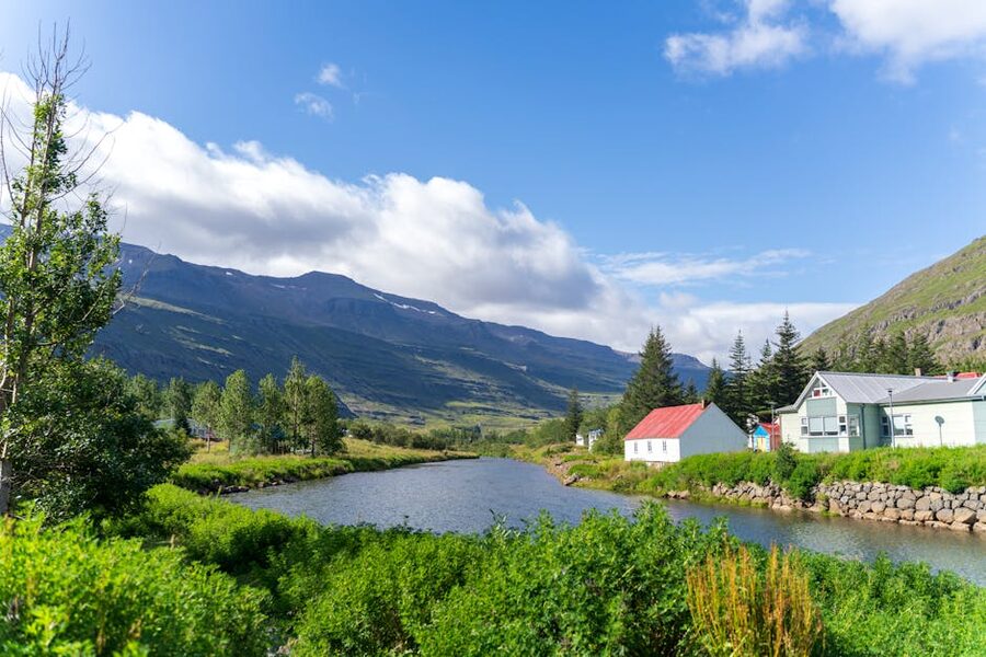 Houses by the river in Seydisfjordur village, eastern Iceland