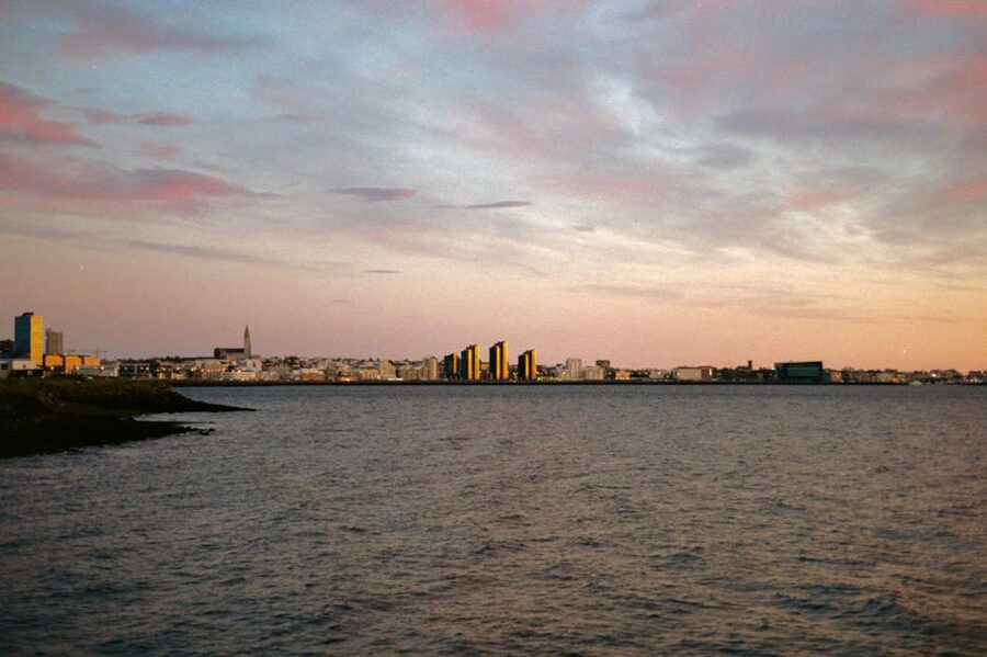 Reykjavík skyline at sunset by the harbour in early autumn