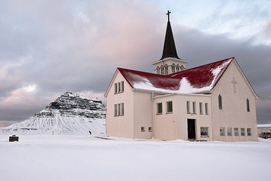 Grundarfjörður church in winter snow Snæfellsnes Iceland