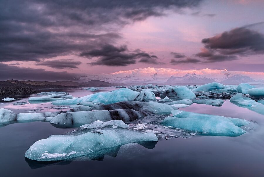 Jökulsárlón glacier lagoon at dawn in winter Iceland