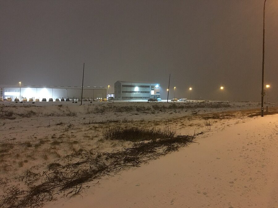 Heavy snowfall covering rooftops in Reykjavik in winter