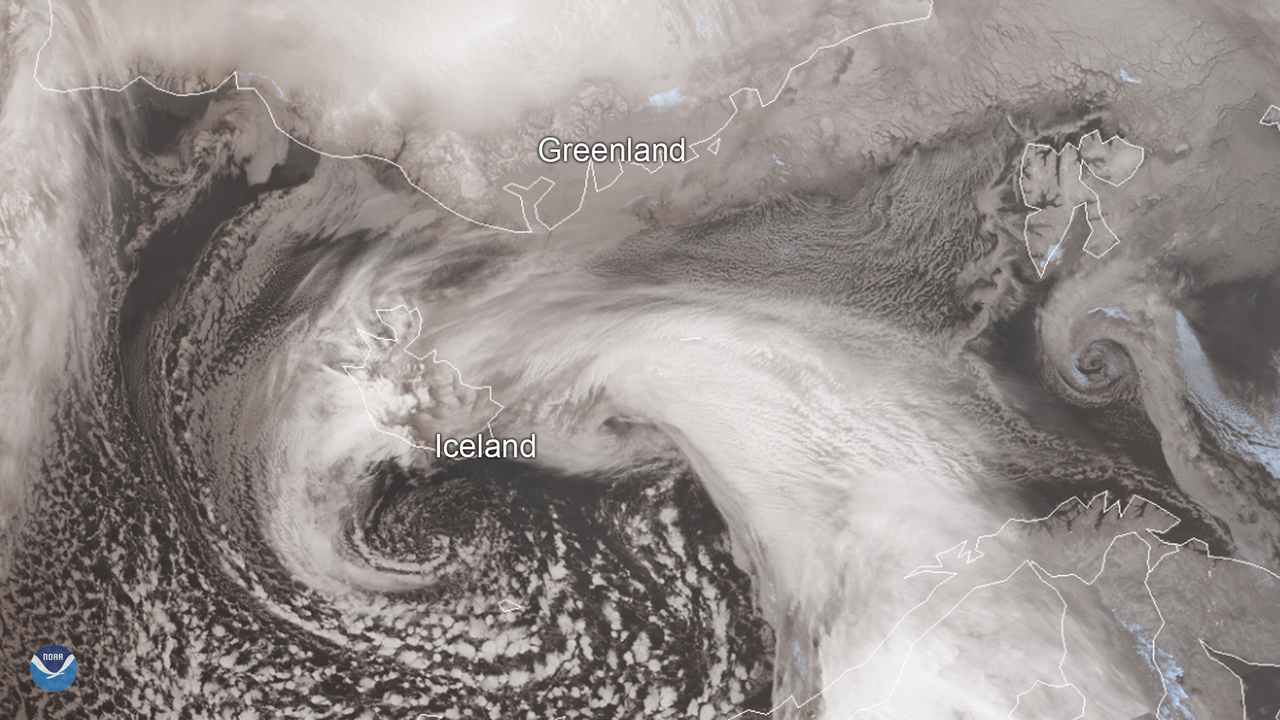 Satellite view of a severe winter storm over Iceland