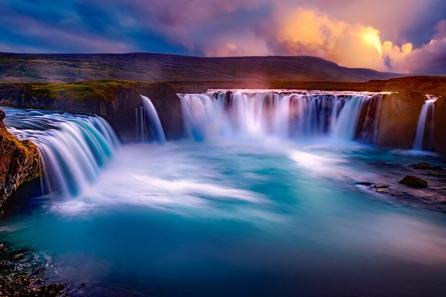 Goðafoss waterfall in Iceland with sunset light