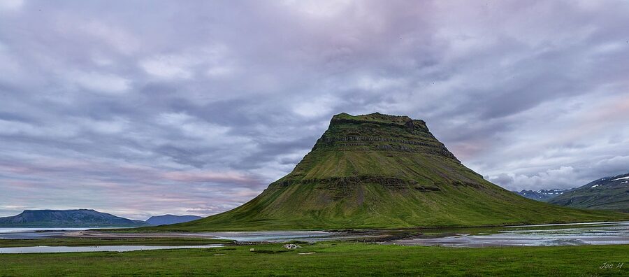 Kirkjufell mountain at midnight sun on the Snæfellsnes peninsula