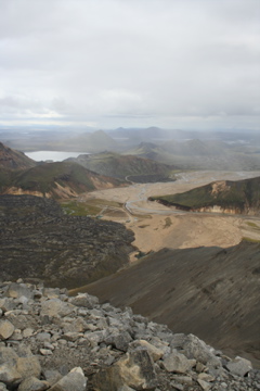 Landmannalaugar campsite in the Iceland highlands at midnight