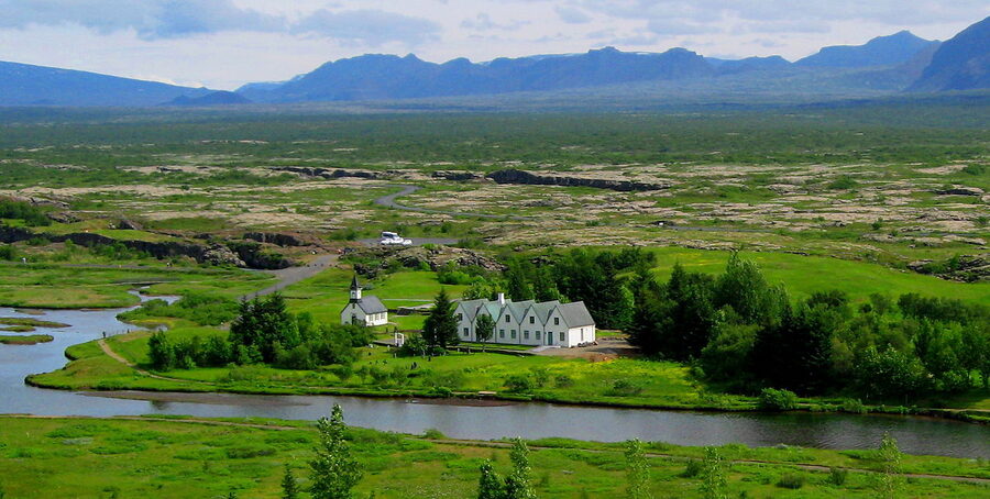Thingvellir national park in summer with low evening sun