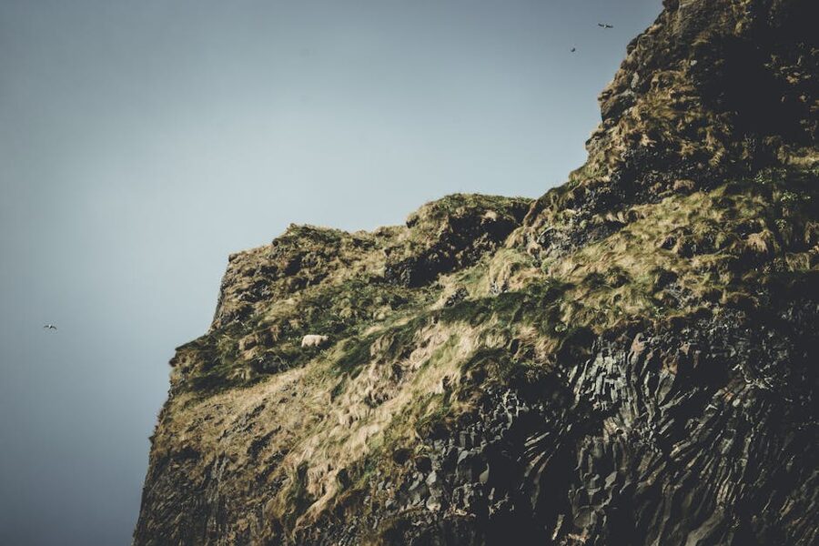 Icelandic cliff with seabirds in flight under shifting weather