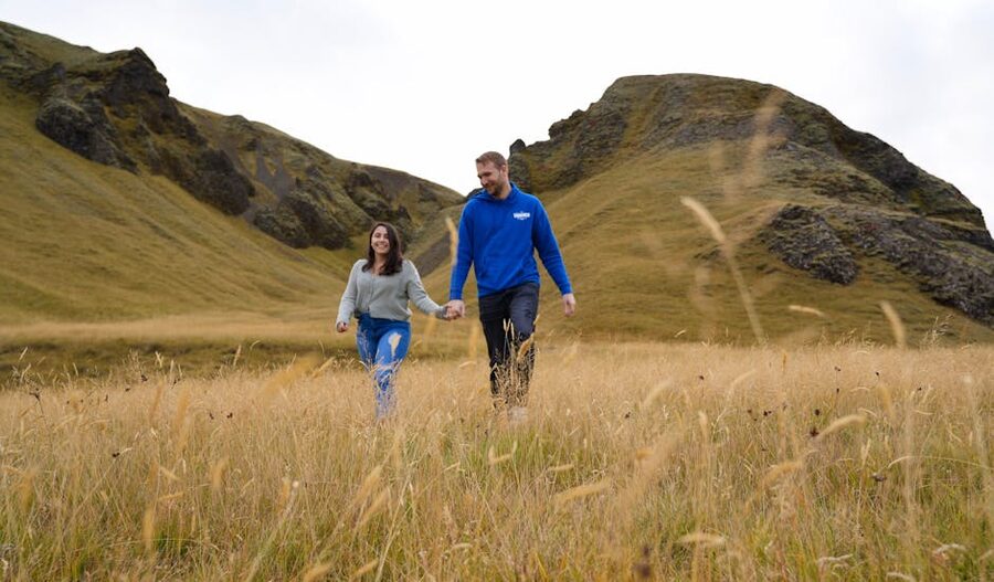 Hikers in walking trousers near Kirkjubaejarklaustur in southern Iceland