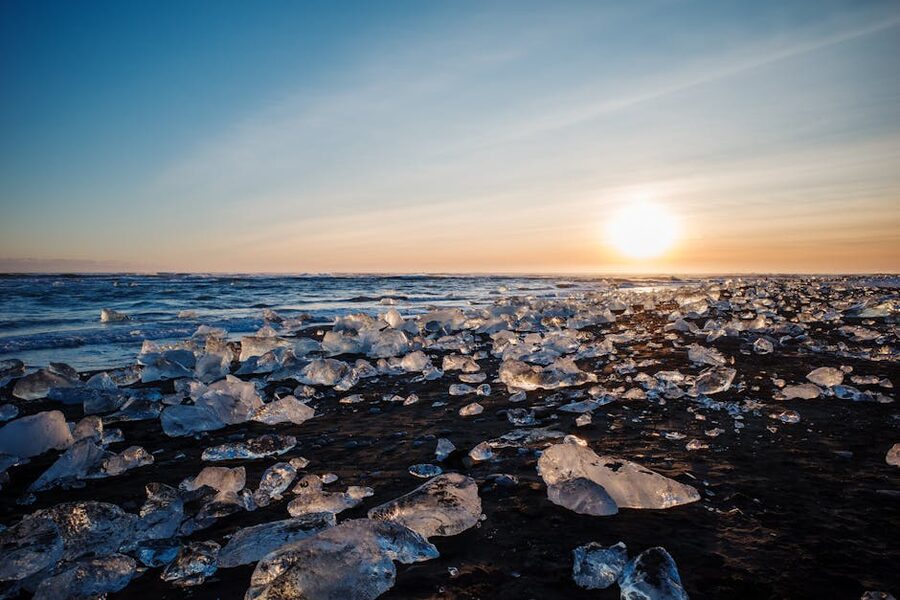 Sunrise over ice blocks at Diamond Beach Iceland