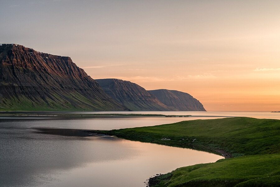 Iceland coast under midnight sun light