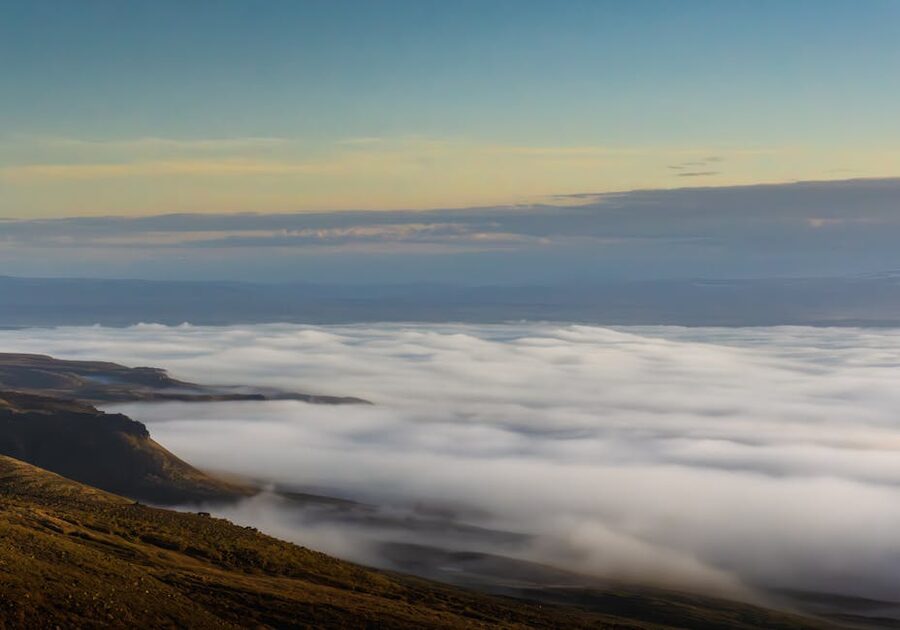 Borgarfjörður Eystri seen from above with cloud cover and quiet inlet