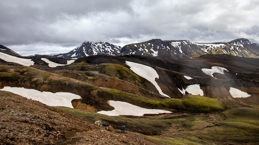 Snow-streaked rhyolite hills near Landmannalaugar in summer