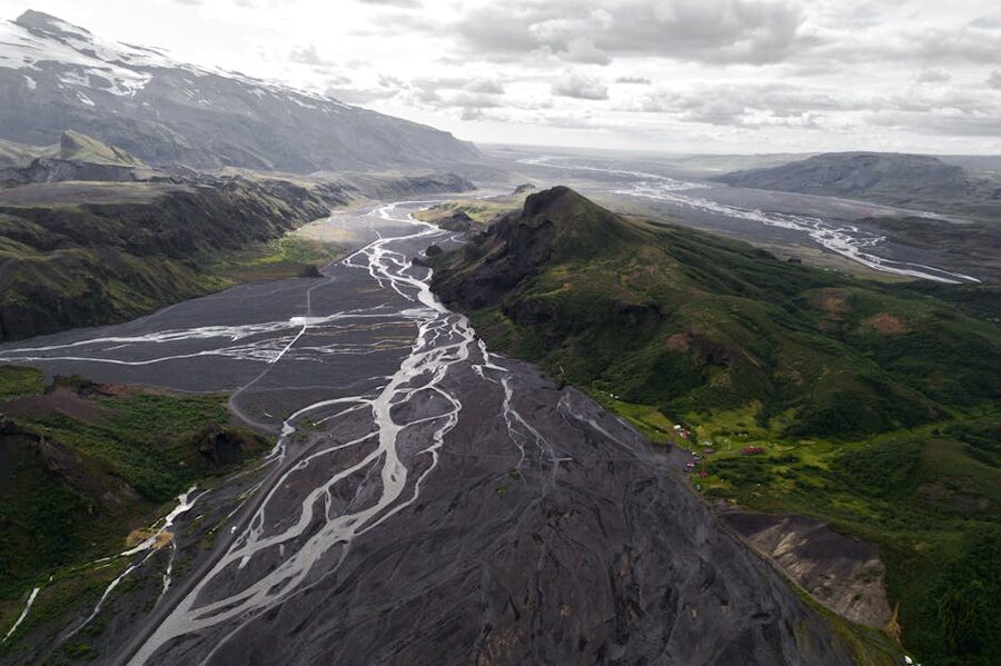 Thorsmörk valley with rivers and moss-covered ridges in summer