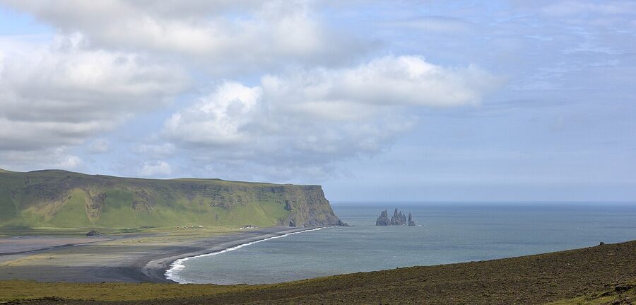 Reynisfjara black sand beach with Reynisdrangar sea stacks in Iceland