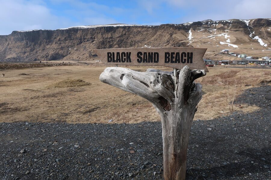 Reynisfjara black sand beach with basalt columns south Iceland