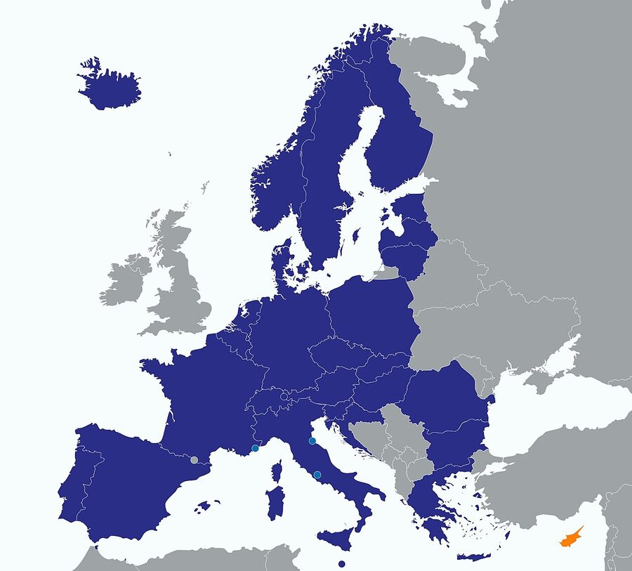 Map of the 29 Schengen Area countries with Iceland marked