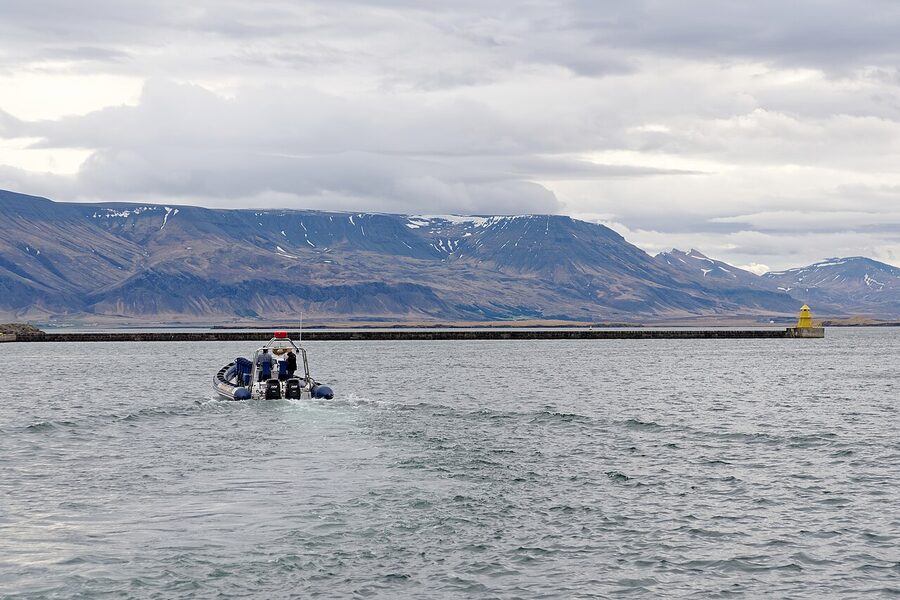 View over Faxafloi Bay from Reykjavik with Mount Esja in the distance