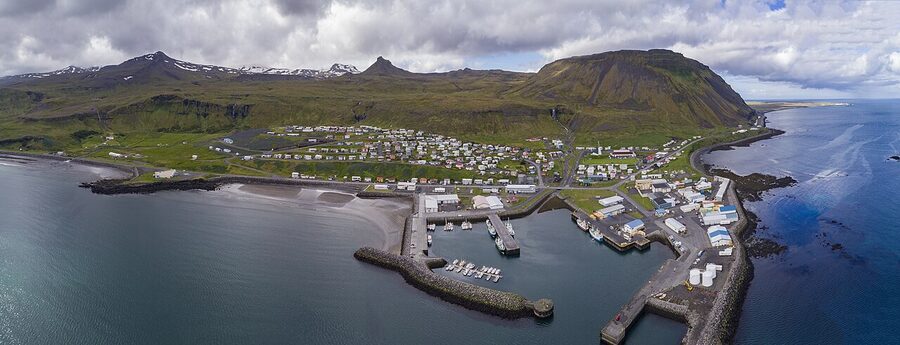 Aerial view of Olafsvik harbour and town on Snaefellsnes peninsula Iceland