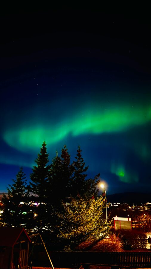 Green aurora ribbons over a snowy Iceland landscape