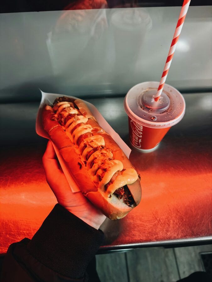 Iconic red Icelandic hot dog from a Reykjavik street stand