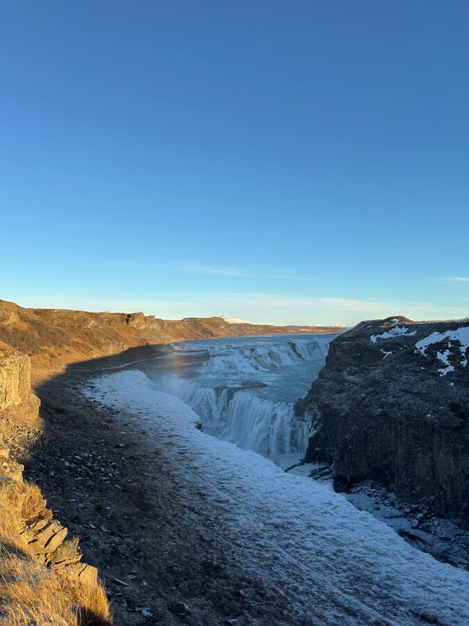 Two-tier Gullfoss waterfall plunging into the Hvita river canyon