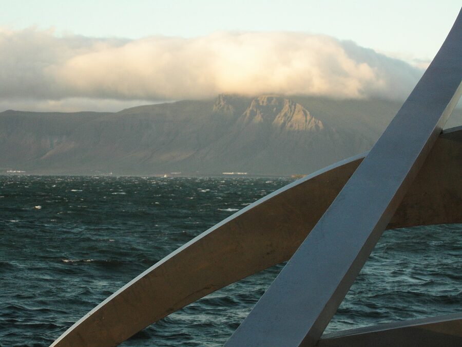 Sun Voyager steel sculpture on the Reykjavik harbour at dusk