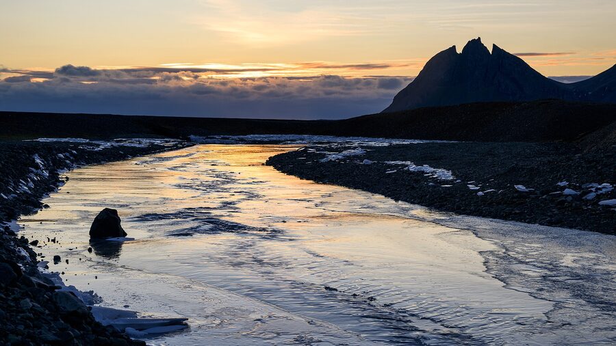 Vestrahorn mountain reflecting in still water near Hofn east Iceland