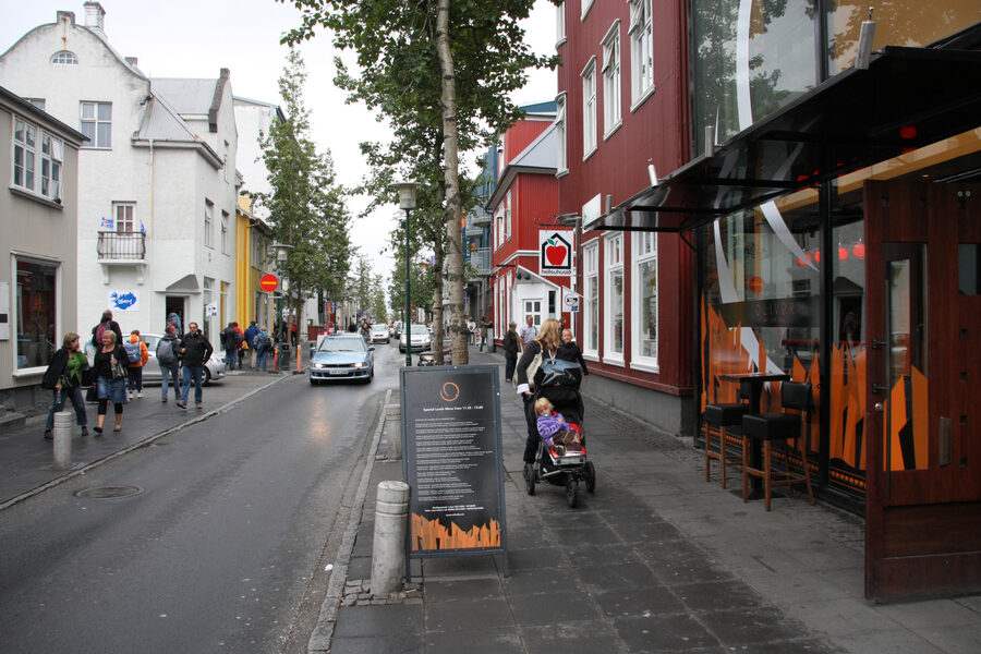 Laugavegur main shopping street in Reykjavik with shops and restaurants