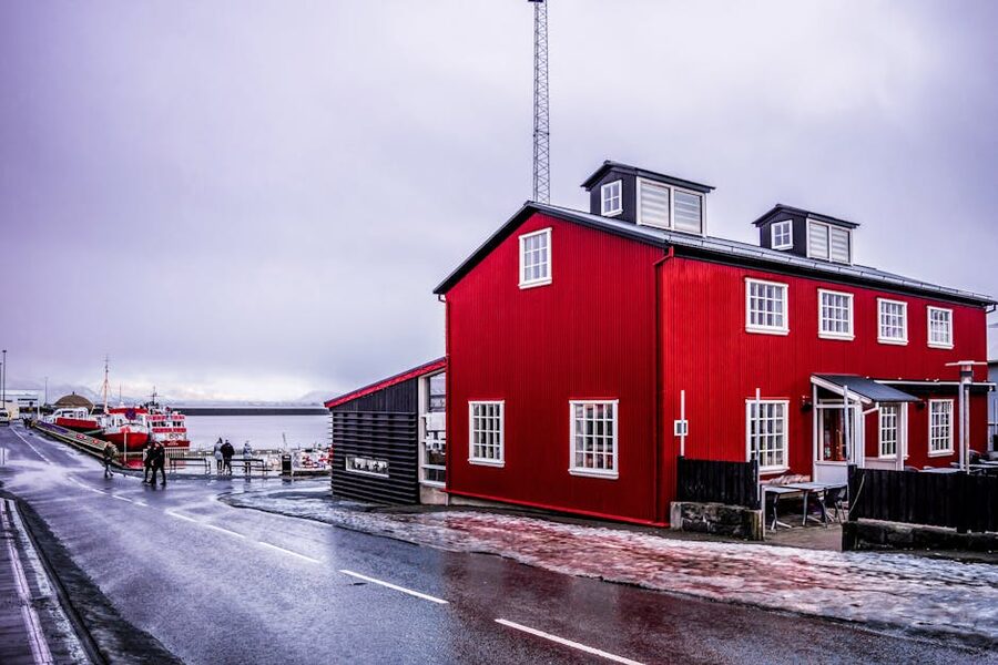 A red building at the Reykjavik harbour in winter