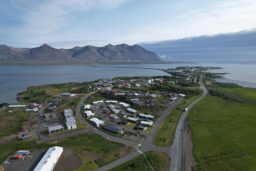 View of Borgarnes town and bridge across the Borgarfjordur estuary