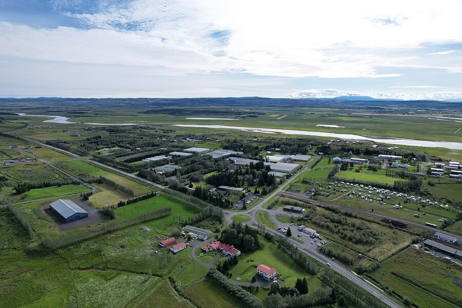 The church and tower at Reykholt in west Iceland on a sunny day