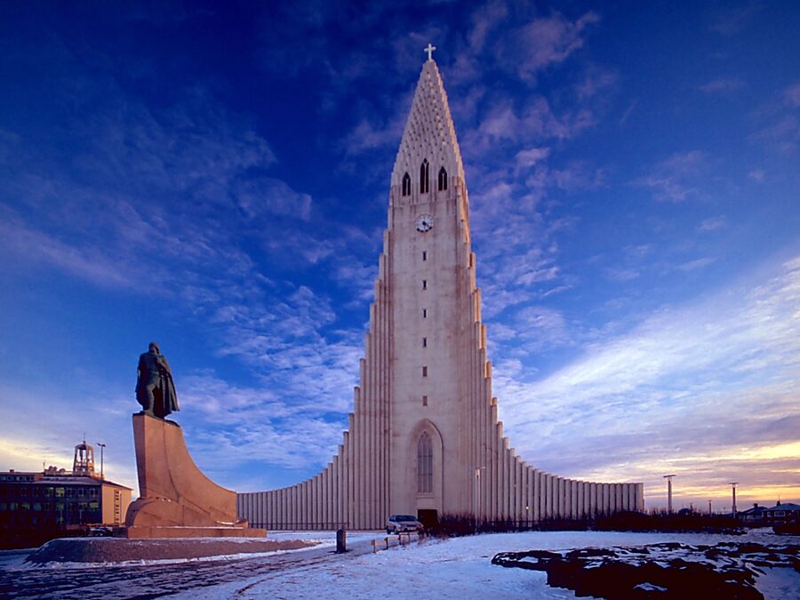 Hallgrimskirkja church facade in Reykjavik central
