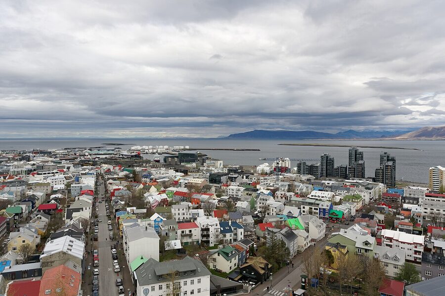 View of central Reykjavik from Hallgrímskirkja tower with colourful rooftops