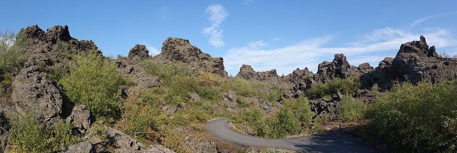 Panorama of Dimmuborgir lava formations, Mývatn, north Iceland