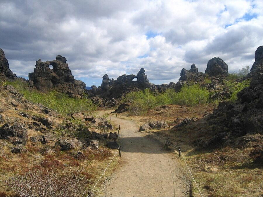 Walking trail through Dimmuborgir lava field, Mývatn, Iceland