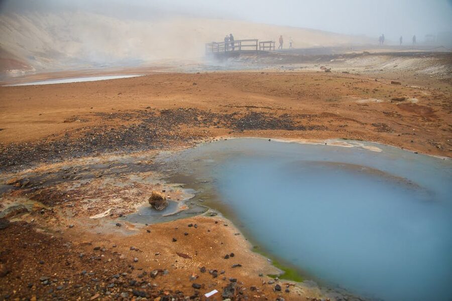 Geothermal mist over the volcanic landscape of north Iceland