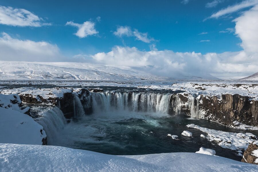 Goðafoss waterfall in winter, north Iceland